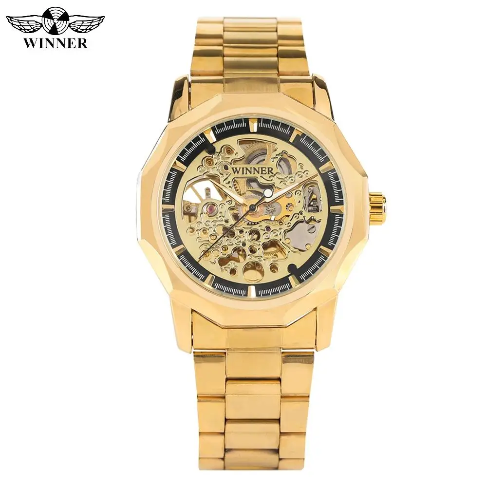 Luxury Automatic Mechanical Watches for Men Stainless Steel Gold Strap Watch Teenagers Business Skeleton Gift | Наручные часы