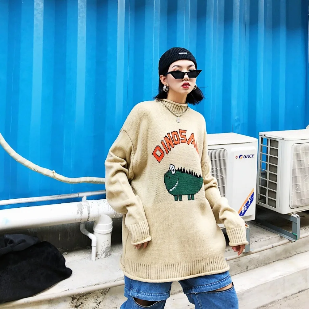 Design warm half high neckline interesting dinosaur pattern in long loose BF Knitted Sweater Girl
Design warm half high neckline interesting dinosaur pattern in long loose BF Knitted Sweater Girl