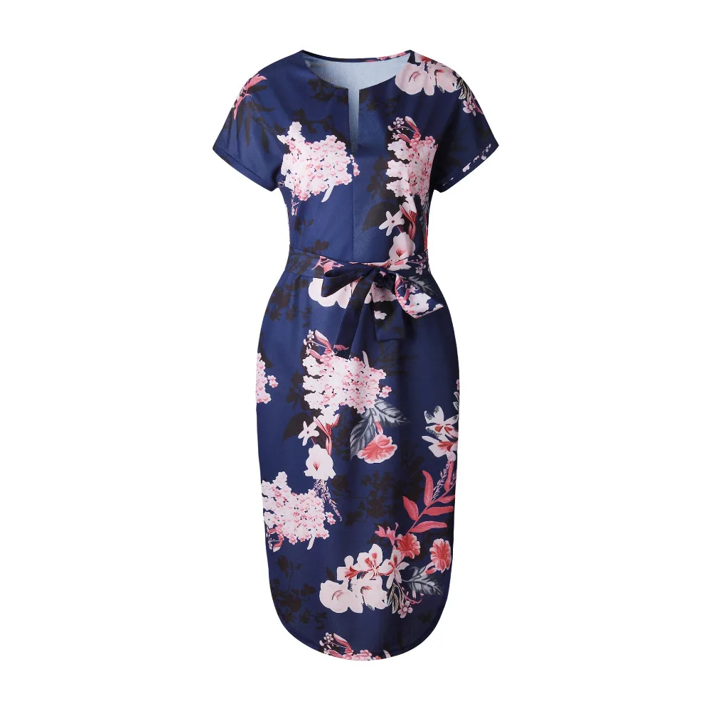 blue Print V Neck Short Sleeve Casual Midi Dress 