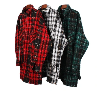 

Long Sleeve Wool-blend Tweed Overshirt Hiphop Men Relaxed Fit Check Pattern Spread Collar Cropped Jacket