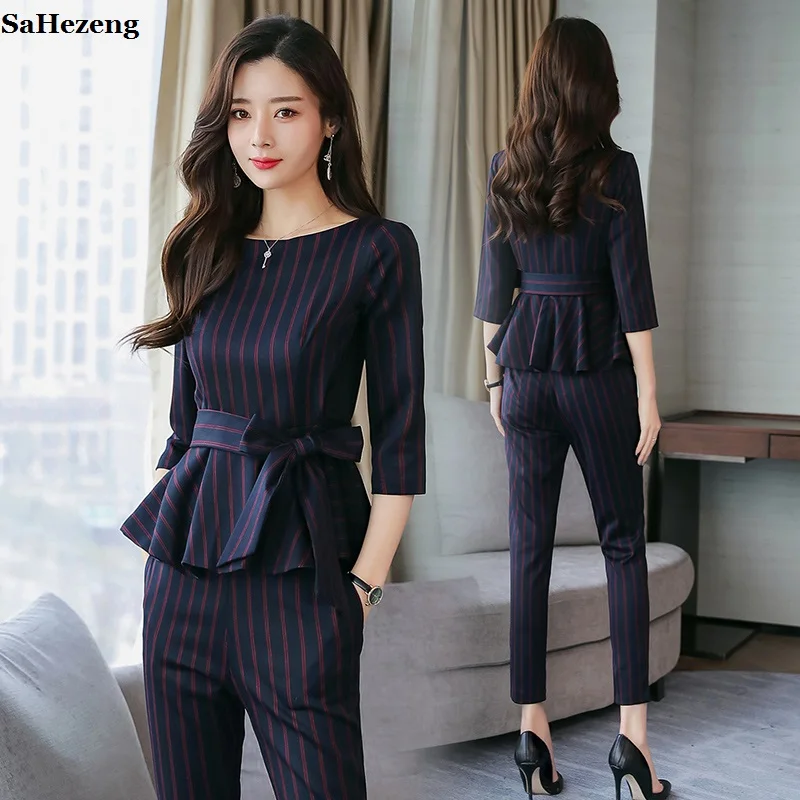 Two Pieces Sashes Striped Blouse Shirts Long Sleeve and Pants Sets Elegant Women Sets 2018 Spring Fashion Ladies Sets A049-1
Two Pieces Sashes Striped Blouse Shirts Long Sleeve and Pants Sets Elegant Women Sets 2018 Spring Fashion Ladies Sets A049-1