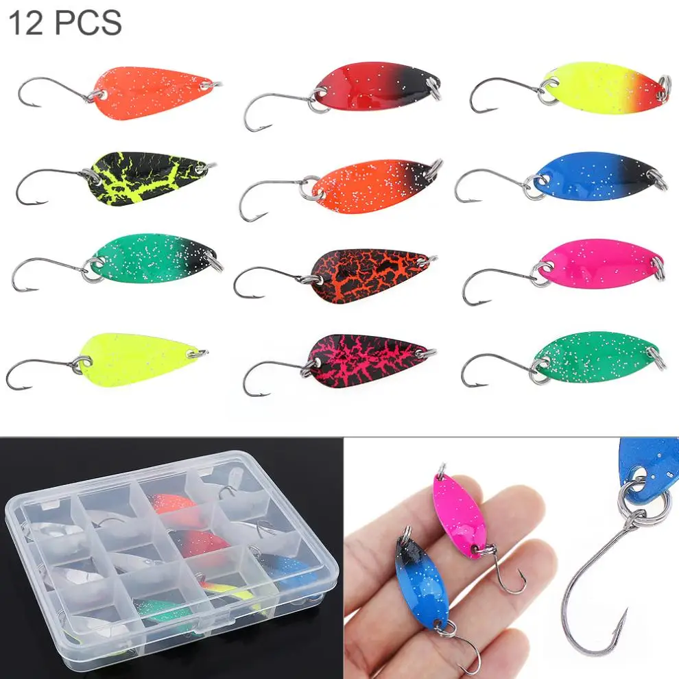 12pcs Single Hook Multicolor Metal Jigging Spoon Spinner Bait Hard Sequins Fishing Lures with Transparent Fishing Tackle Box
12pcs Single Hook Multicolor Metal Jigging Spoon Spinner Bait Hard Sequins Fishing Lures with Transparent Fishing Tackle Box