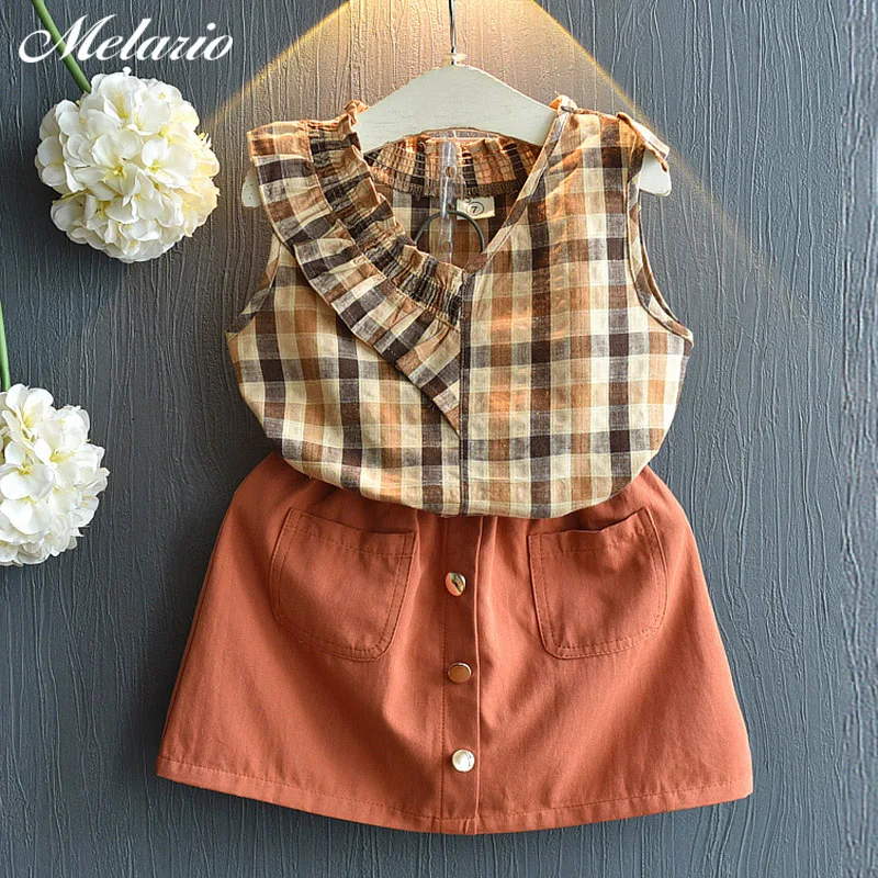 Melario Girls Clothing Sets 2019 Girl's Sets Fashion Sleeveless Ruffle Plaid Shirt + Brown Dress Suit New Kids Children Clothing
Melario Girls Clothing Sets 2019 Girl's Sets Fashion Sleeveless Ruffle Plaid Shirt + Brown Dress Suit New Kids Children Clothing