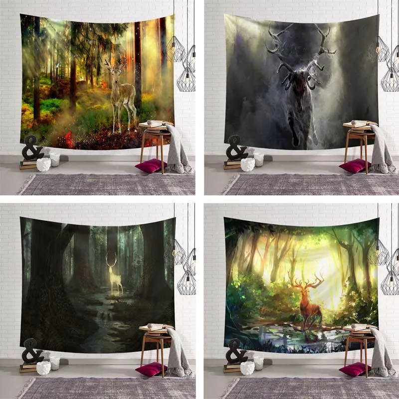 

Plus Size Large Wall Tapestry Fog Elk Tree Forest Deer Hippie Psychedelic Tapestry Wall Hanging Bohemia Sofa Blanket Home Decor