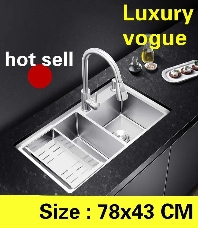 

Free shipping Apartment vogue kitchen manual sink double groove luxury do the dishes 304 stainless steel hot sell 780x430 MM