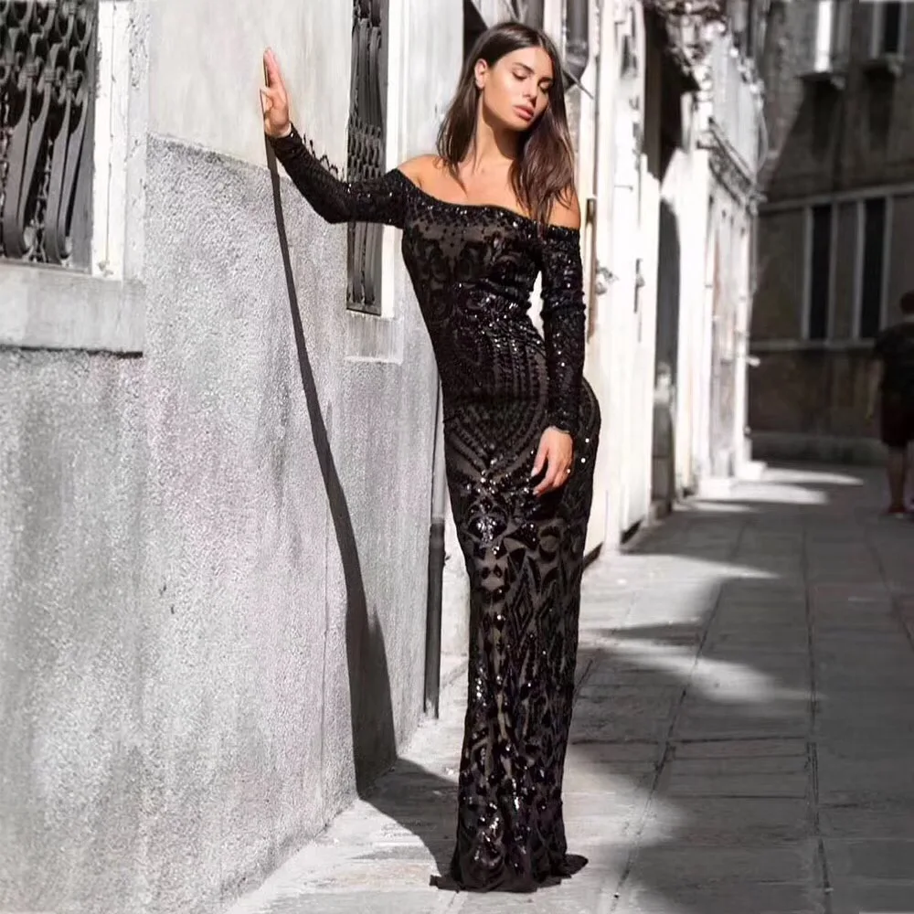 High Quality Women Sexy Sequins Mesh Black Maxi Long Bandage Dress 2018 Designer Elegant Trumpet Fishtail Maxi Party Dress
High Quality Women Sexy Sequins Mesh Black Maxi Long Bandage Dress 2018 Designer Elegant Trumpet Fishtail Maxi Party Dress
