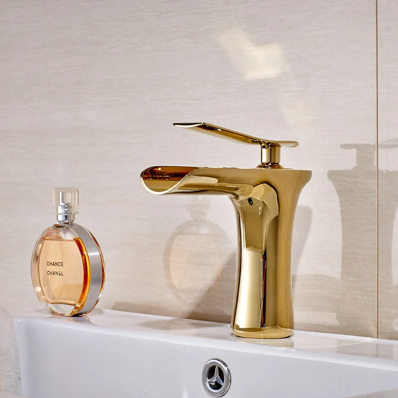 Luxury Bathroom Sink Faucet Gold Finish Deck Mounted Waterfall Spout Mixer Taps