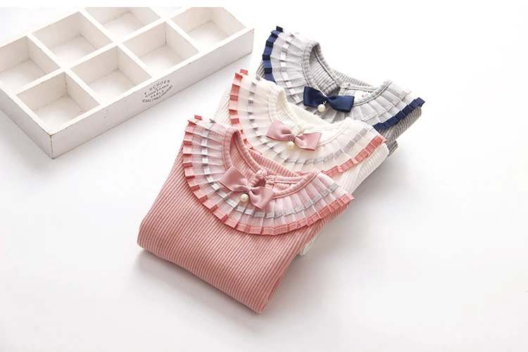 2018 Spring Autumn 100% Cotton White Grey Pink Solid Color Long Sleeve Pleated Turn-Down Collar Neck T Shirt For Girls 10 Years (9)