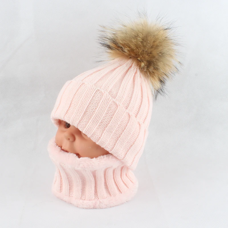 Kids Boys Girls Warm Fleece Liner Beanie Hats With Scarf Winter Fur Hat For Children Baby Pompom Skullies Beanies 32