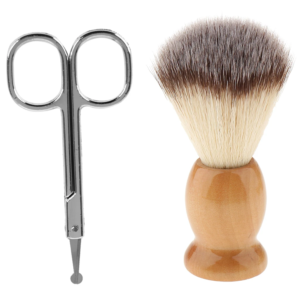 Wood Bristle Men Shaving Brush + Beard Mustache Nose Hair Remover Scissor Trimmer Round Tip Set Wood Bristle Men Shaving Brush + Beard Mustache Nose Hair Remover Scissor Trimmer Round Tip Set