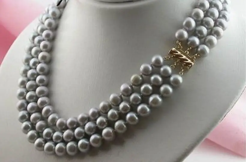 Free Shipping >>>>>3 ROW 9-10MM tahitian silver gray PEARL NECKLACE