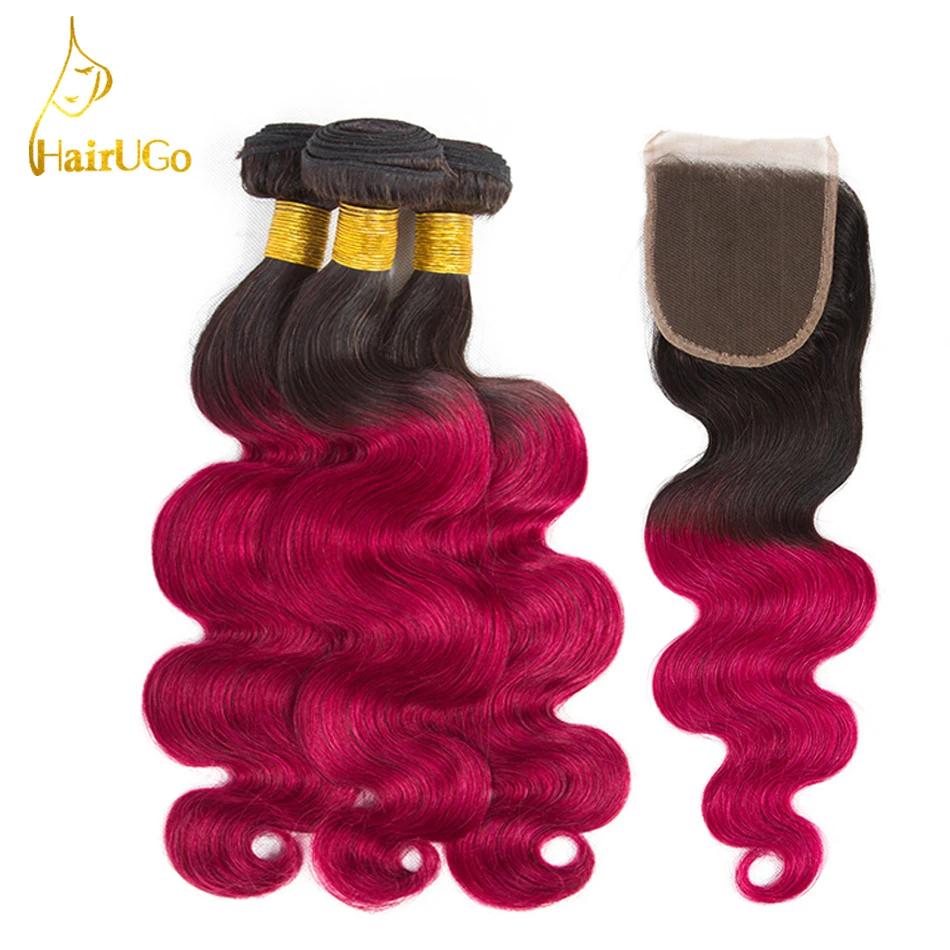 HairUGo Hair Pre-colored Peruvian 100% Human 3 Bundles With Closure Body Wave Omber #1B/Bug Nom Remy | Шиньоны и парики