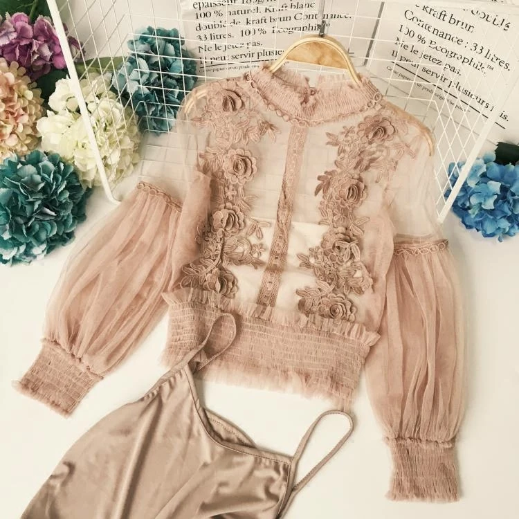3D Flower Lace For Women Blouse New Fashion Half Turtleneck See-Through with Lush Sleeves blusas Two-piece Mesh Womens Shirts
3D Flower Lace For Women Blouse New Fashion Half Turtleneck See-Through with Lush Sleeves blusas Two-piece Mesh Womens Shirts