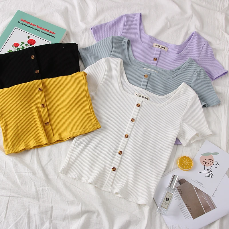 Elegant 2019 Women Summer Square Collar Pullover Button Basic Knitted Shirts Vintage Short Elastic Slim High Waist Blouse Tops
Elegant 2019 Women Summer Square Collar Pullover Button Basic Knitted Shirts Vintage Short Elastic Slim High Waist Blouse Tops