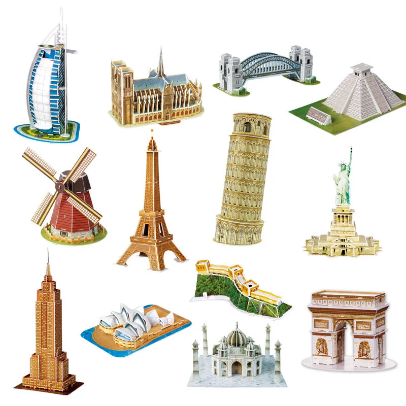 

3D Paper Puzzle World Architecture Miniature Model Eiffel Tower Bridge Sydney Opera House New Swan Castle for Kids Box Gift