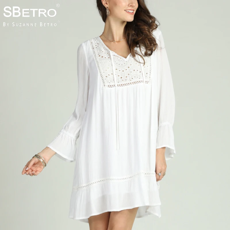 

SBetro Women Bohemian Dress Eyelet Yoke NotchNeck Tassel Tie 3/4 Bell Sleeve Tunic Summer Ladies Casual Dresses