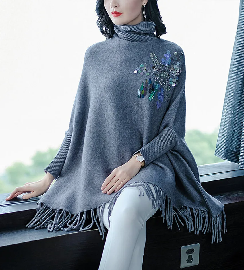 2018 Autumn Winter Women Cloak Sweater High Quality Sequined Tassel Knitting Batwing Sleeve Casual Turtleneck Loose Pullovers
2018 Autumn Winter Women Cloak Sweater High Quality Sequined Tassel Knitting Batwing Sleeve Casual Turtleneck Loose Pullovers