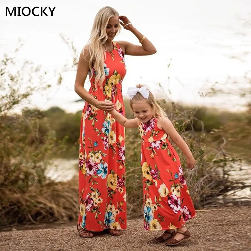 Family-matching-clothes-Slim-Pocket-Boho-Floral-Long-Dress-Mom-and-daughter-dress-mama-hija-mom