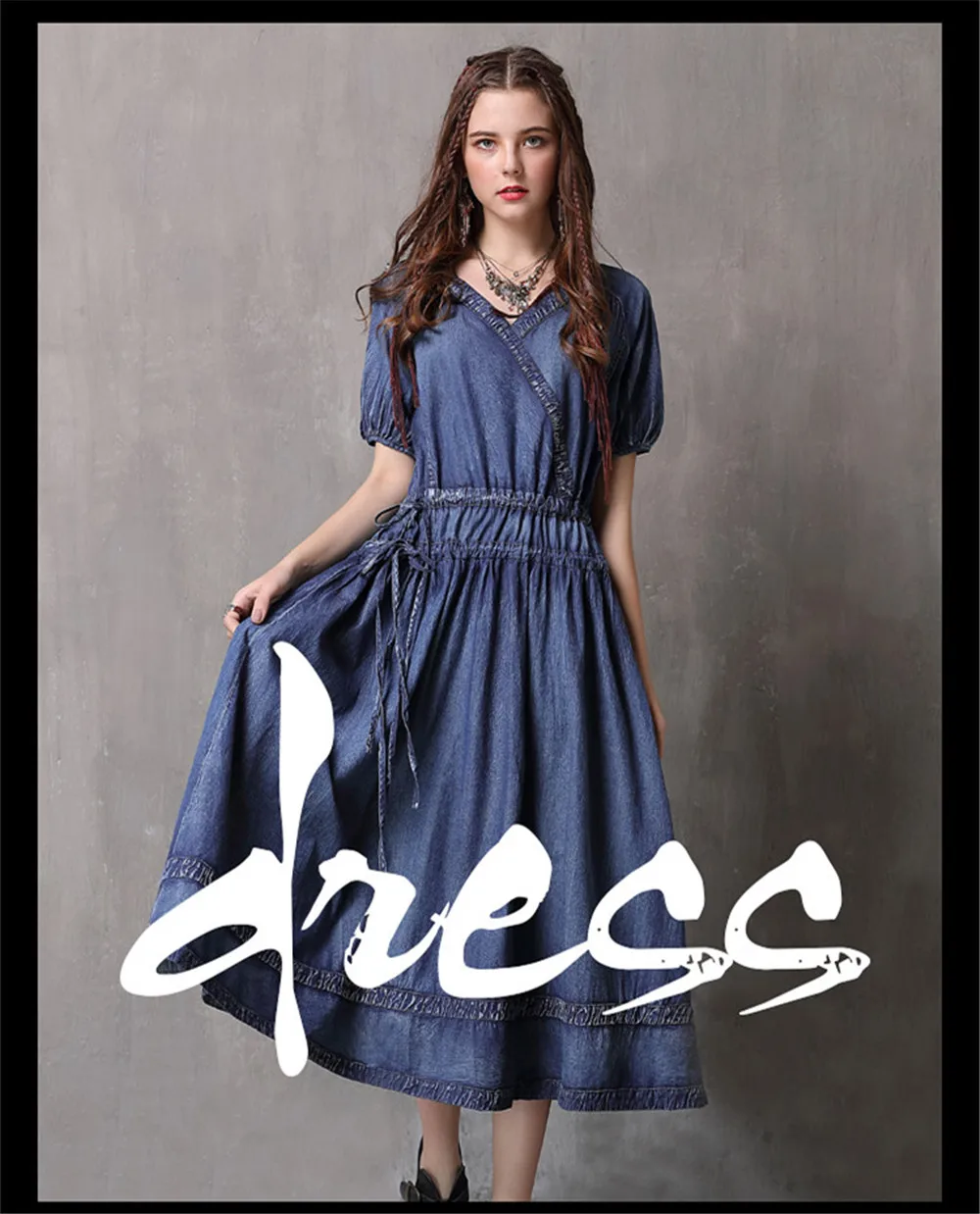 Vintage Adjustable Waist Summer Dress 2018 New Denim Women V-Neck Dresses Hollow out Lantern Sleeve Swing Hem Vestidos (2)