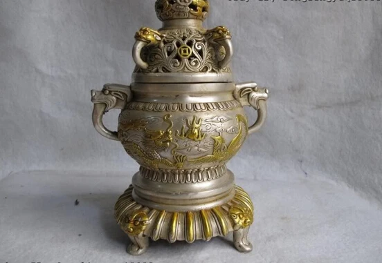 Collectible bronze lion statue S0305 China White Copper Silver Gilt Buddhism Dragon and phoenix incense burner Censer (B0413)
Collectible bronze lion statue S0305 China White Copper Silver Gilt Buddhism Dragon and phoenix incense burner Censer (B0413)