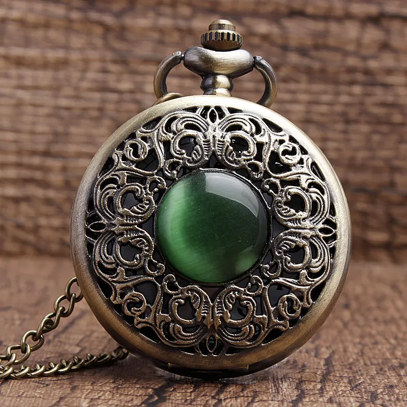 

Bronze Hollow Imitation Jade Stone Necklace Pendants Decorated Pocket Watch Emerald Decoration presents Chian Men Women Gifts