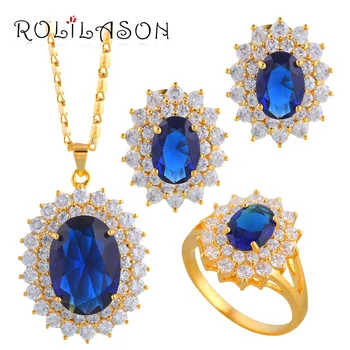 ROLILASON Oval Gold Tone Earring Pendant Necklace Jewelry Set Ring Blue zirconia Crystal Health Sz #5.75#6.75#7.75#8.5 JS076 
ROLILASON Oval Gold Tone Earring Pendant Necklace Jewelry Set Ring Blue zirconia Crystal Health Sz #5.75#6.75#7.75#8.5 JS076