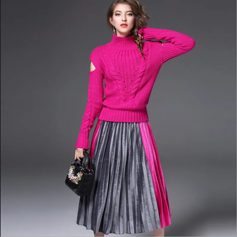 New Fashion 2 Piece Set Autumn Winter Casual Hollow Out Hole Knitted Sweater And Ankle-length Velvet Skirts Women Pullover Suits | Женская