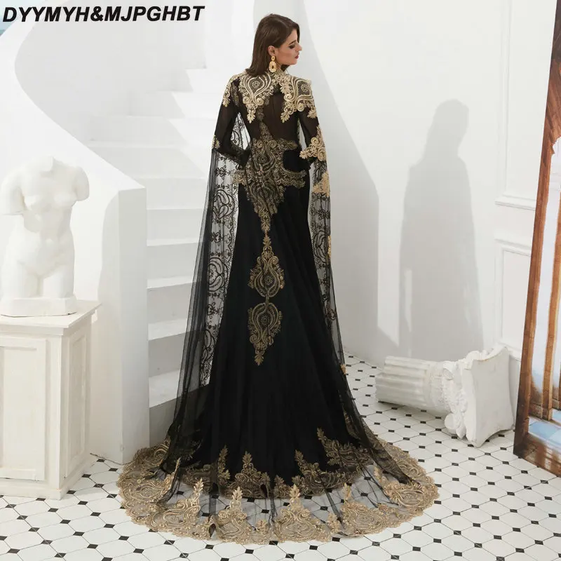Elegant Long Muslin Evening Dresses with Detachable Cape Long SLeeve Black Gold Party Gowns robe de soiree longue 2019
Elegant Long Muslin Evening Dresses with Detachable Cape Long SLeeve Black Gold Party Gowns robe de soiree longue 2019