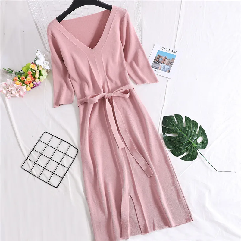 2019 Women Long Sweater Dress Summer Autumn Tie Bow Sashes Knitted Dresses Female Split V-Neck Half Sleeve Dress Vestidos AB1439
2019 Women Long Sweater Dress Summer Autumn Tie Bow Sashes Knitted Dresses Female Split V-Neck Half Sleeve Dress Vestidos AB1439