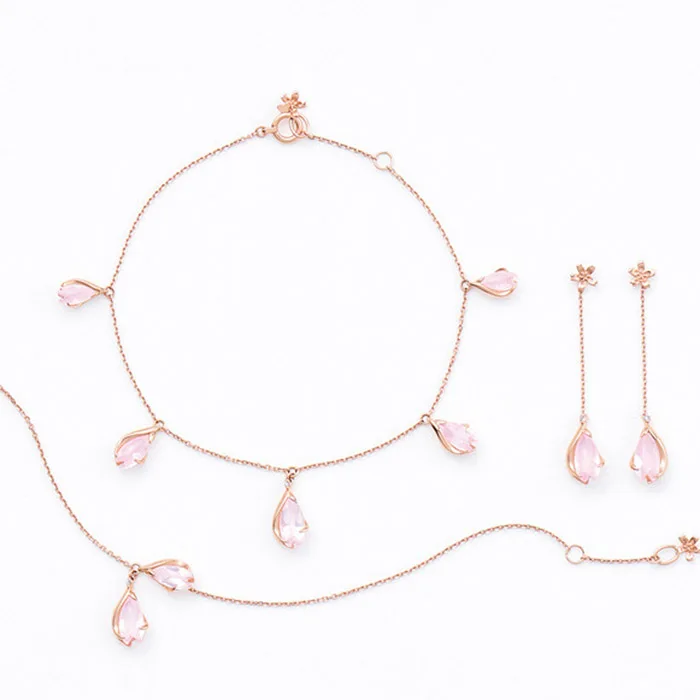 Hot Elegant solid s925 silver Cherry blossoms charms bracelet earring set pink rose quartz natural stone flower wedding jewelry | Украшения