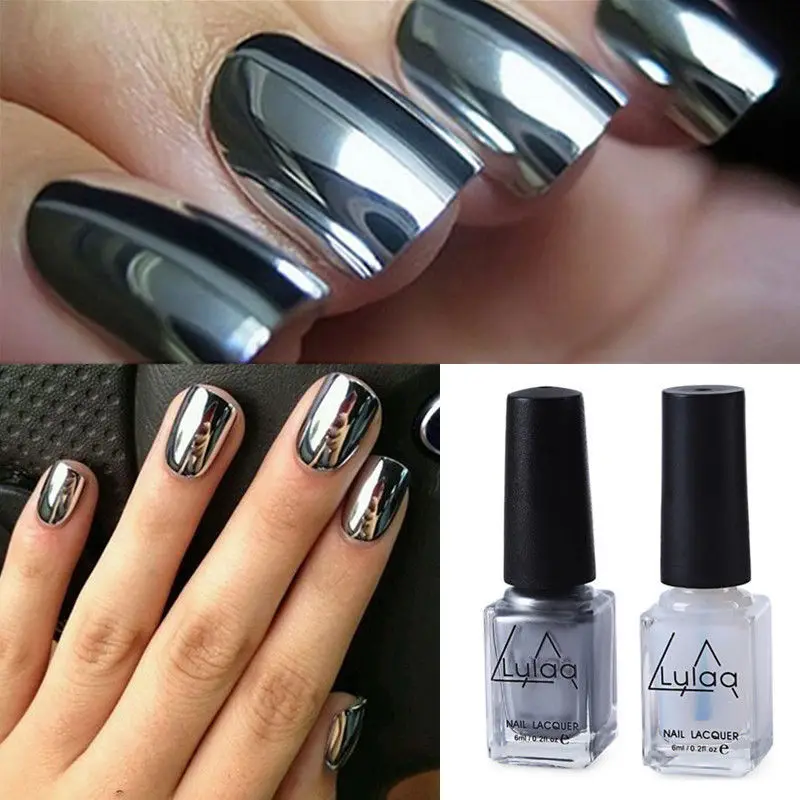 2Pcs Gloss Effect Chrome Metallic Silver Nail Art Varnish Polish Base