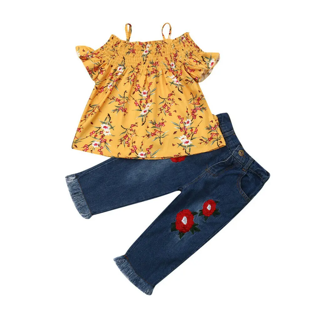 2-7Y Fashion Toddler Kids Baby Girl Off shoulder Strap Floral T-shirt Tops Embroidery Flower Jeans Denim Pant 2PCS Clothing Set
2-7Y Fashion Toddler Kids Baby Girl Off shoulder Strap Floral T-shirt Tops Embroidery Flower Jeans Denim Pant 2PCS Clothing Set