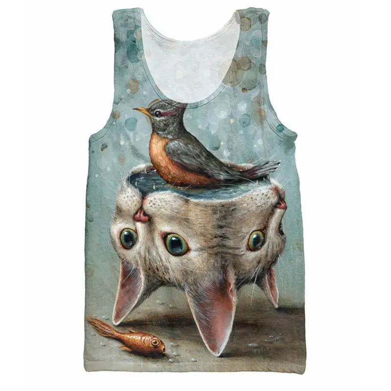 

Creative Print Tank Tops Bird Kicks A Fish Cat's Head Bodybuilding Stringer Singlets Jersey Vest Sleeveless Casual Shirt For Men