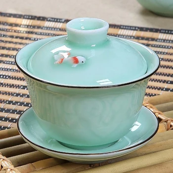 Chinese Celadon fish gai wan tea set,Bone China Tea cup Dehua gaiwan tea porcelain teacup tea set for creative kettle
Chinese Celadon fish gai wan tea set,Bone China Tea cup Dehua gaiwan tea porcelain teacup tea set for creative kettle