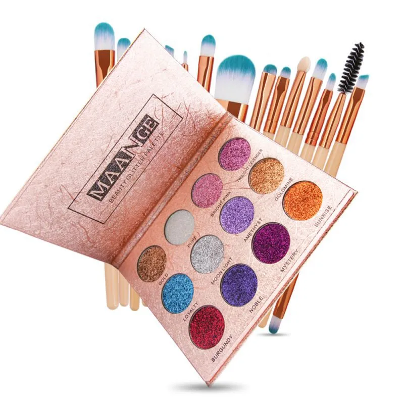 Value female cosmetics tools kit 15 pcs makeup brushes set+12 colors diamond glitter eye shadow magnet palette shiny makeup tool 
Value female cosmetics tools kit 15 pcs makeup brushes set+12 colors diamond glitter eye shadow magnet palette shiny makeup tool