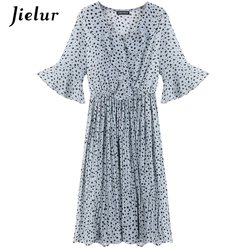 Jielur летние платья в горошек женские шифоновые с высокой талией и оборками