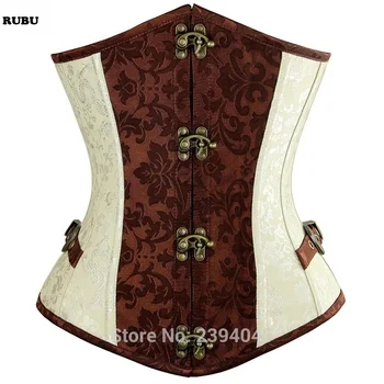 

Brown and Lvory Underbust Corset Goth Buckle Highest Quality Flowers Pattern Steampunk Corset