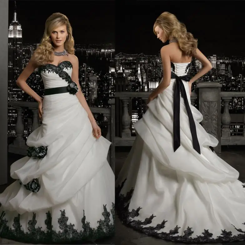 Custom Made Vestido De Novia Style Sweetheart Handmade Flowers Organza Pleat Sexy appliques White and Black Wedding Dress 2019
Custom Made Vestido De Novia Style Sweetheart Handmade Flowers Organza Pleat Sexy appliques White and Black Wedding Dress 2019