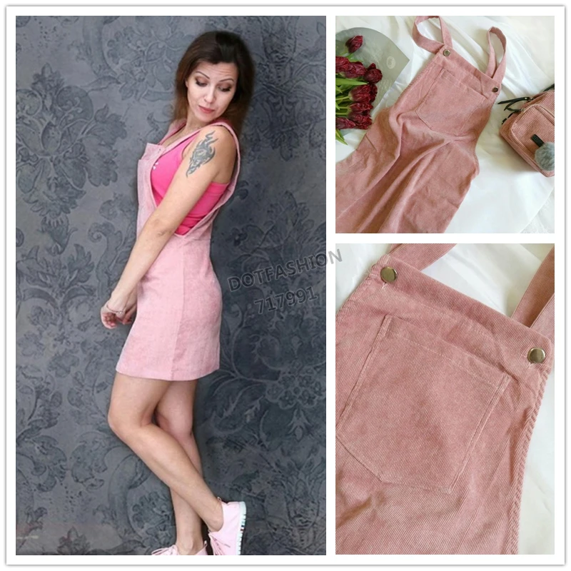 Dotfashion Bib Pocket Front Overall Short Dress 2018 Pink Zip Button Pinafore Shift Dress Female Sleeveless Plain Dress 19