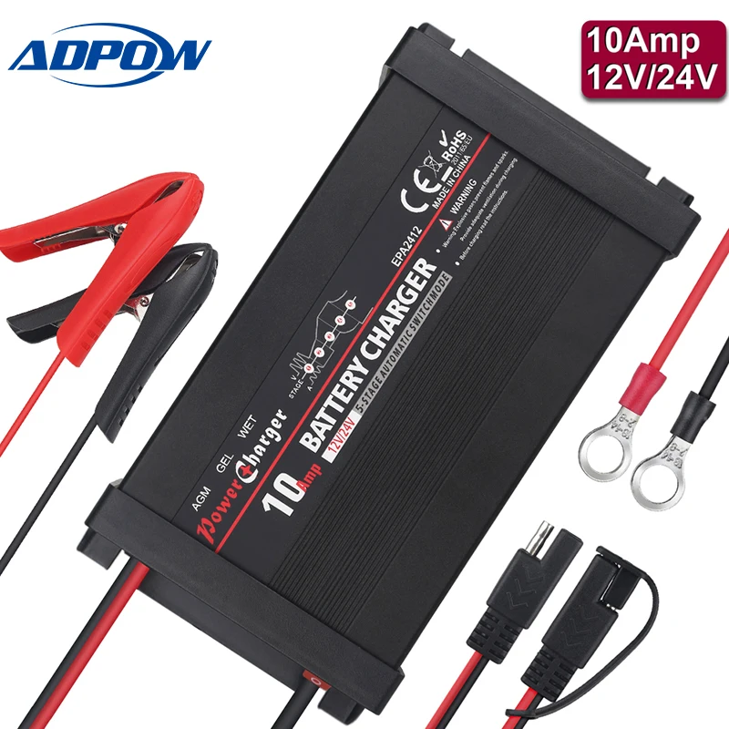 ADPOW 5 Stages 10A 12v 24v Car Battery Charger Automatic Pulse Repair Smart Wet Lead Acid Battery Power Charging Auto 110v 220v 
ADPOW 5 Stages 10A 12v 24v Car Battery Charger Automatic Pulse Repair Smart Wet Lead Acid Battery Power Charging Auto 110v 220v