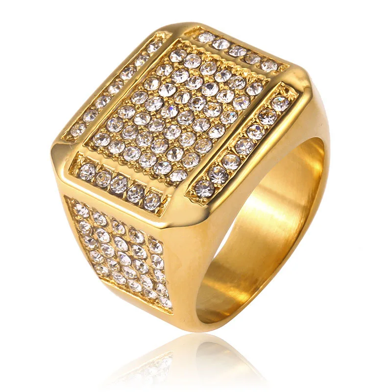 

Micro Pave Rhinestone Iced Out Bling Square Ring IP Gold Filled Titanium Stainless Steel Rings for Men HIP Hop Rock Jewelry