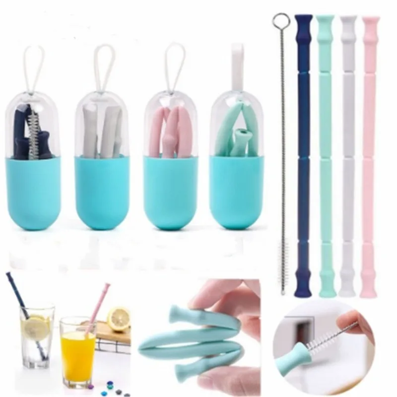 

Collapsible Reusable Drinking Straw Folding Silicone Straws with Cleaning Brush for Coffe Mug Cup Water Bottle Travel Party Bar