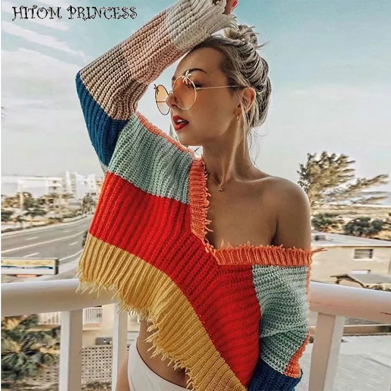 HITOM PRINCESS Autumn Rainbow Striped Sweater Women Tops Deep V-neck Tassel Knitted Pullover Cropped Sweater Pull Femme Jumper
HITOM PRINCESS Autumn Rainbow Striped Sweater Women Tops Deep V-neck Tassel Knitted Pullover Cropped Sweater Pull Femme Jumper