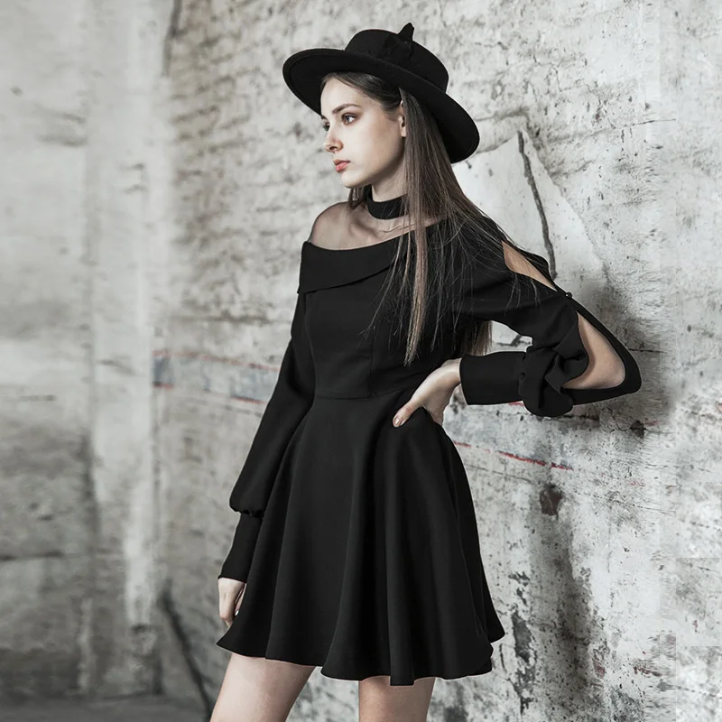 PUNK RAVE Women New Spring Stitching Chiffon Dress Female Fashion Off Shoulder Sexy Hollow Slim Black Gothic Punk Dress
PUNK RAVE Women New Spring Stitching Chiffon Dress Female Fashion Off Shoulder Sexy Hollow Slim Black Gothic Punk Dress