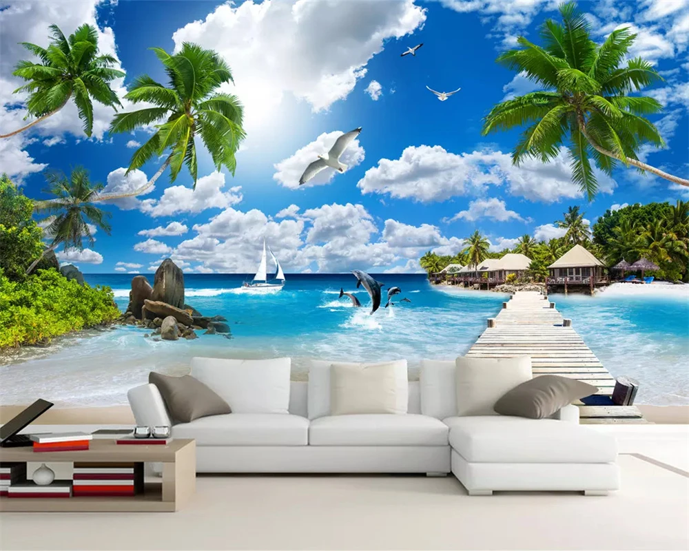 

beibehang Custom fashion personality silky papel de parede 3d wallpaper seaside scenery coconut sofa living room TV background