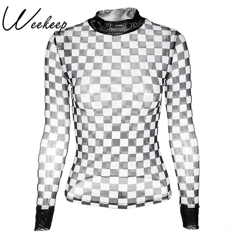 Weekeep Women Sexy Plaid Perspective Fashion tshirt Long Sleeve Checkboard Mesh Top tee shirt femme 2017 Streetwear Women Tops
Weekeep Women Sexy Plaid Perspective Fashion tshirt Long Sleeve Checkboard Mesh Top tee shirt femme 2017 Streetwear Women Tops