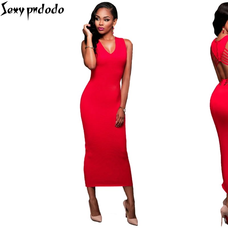 Sexy Backless Red Celebrity Midi Dresses New Arrival 2016 Women Dress Plus Size Bandage Spaghetti Strap Club Long Party Dresses