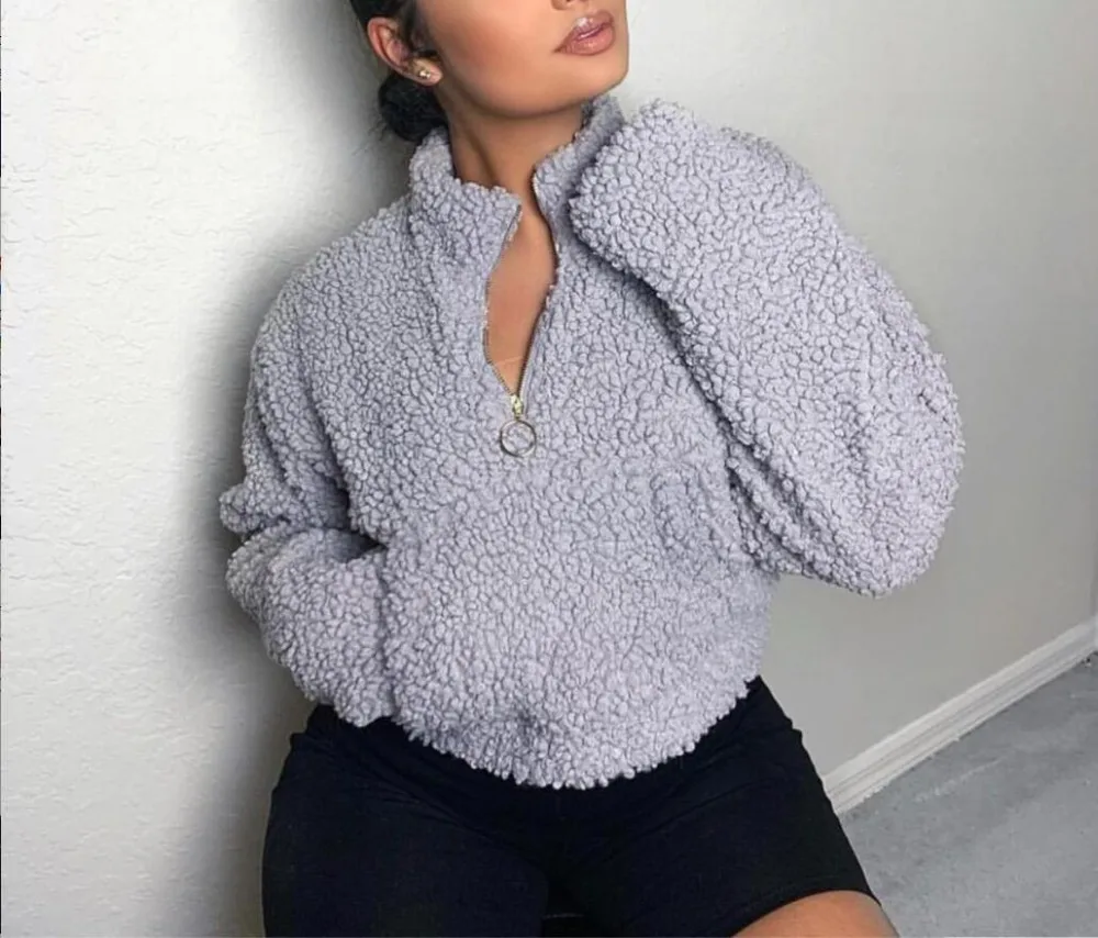 Fuzzy Front Zipper Pocket Crop Sweatshirt Women Autumn Winter Long Sleeve Cropped Pullover Fluffly Lambs Wool Jumper Outwear
Fuzzy Front Zipper Pocket Crop Sweatshirt Women Autumn Winter Long Sleeve Cropped Pullover Fluffly Lambs Wool Jumper Outwear