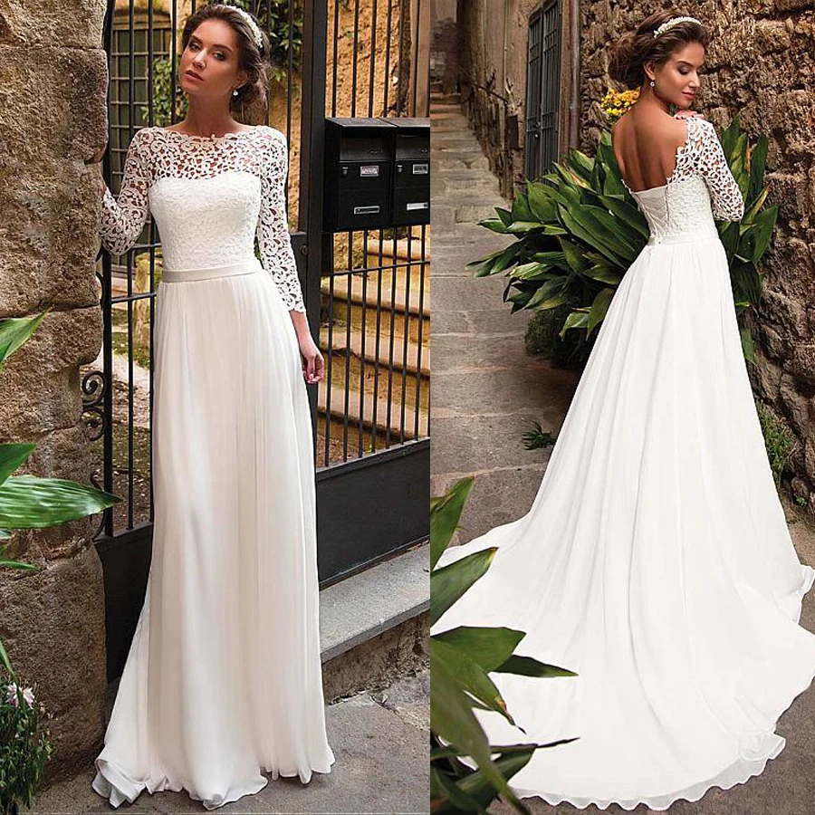 Elegant Lace & Chiffon Bateau Neckline A-Line Wedding Dress With Belt Long Sleeves Open Back Bridal Dress women
Elegant Lace & Chiffon Bateau Neckline A-Line Wedding Dress With Belt Long Sleeves Open Back Bridal Dress women