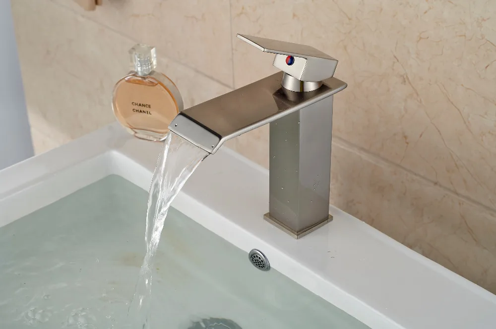 Square Waterfall Bathroom Spout Hot & Cold Mixer Brushed Nickel Vanity Sink Mixer Tap